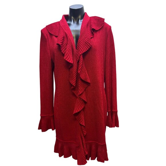 NWOT St. John Red Wool Ruffle Cardigan Long Sleeve Size 12 - Picture 1 of 10